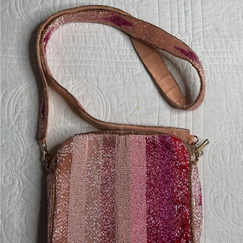 Beaded Crossbody Purse Pink Gold Striped Lightening Bolt Funky Small